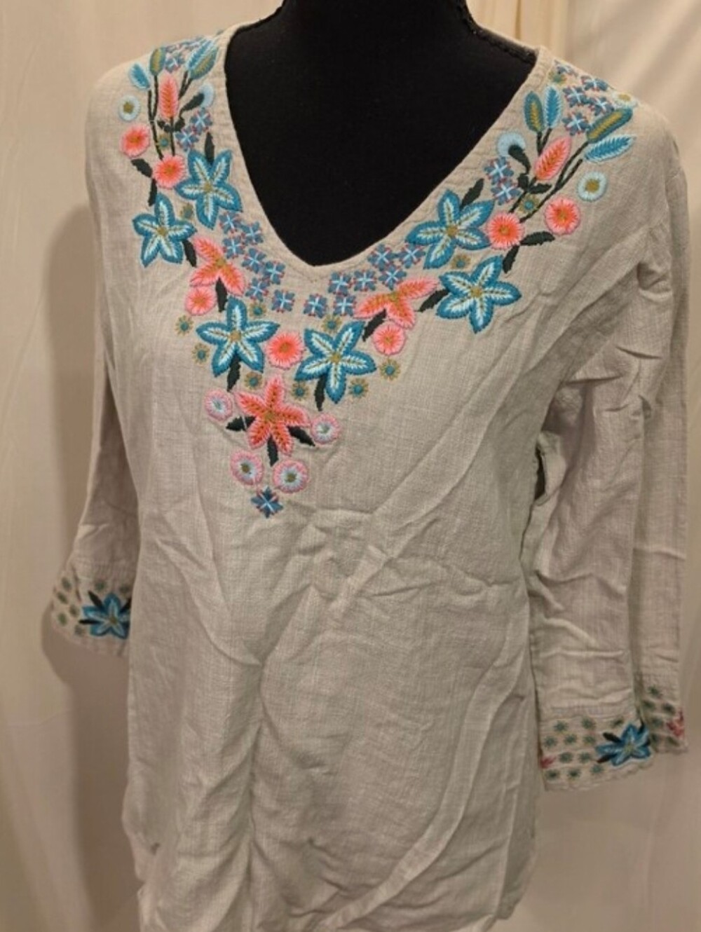 Parsley & Sage Embroidered Cotton Tunic Top Womens M Boho V-Neck High Low Flowy